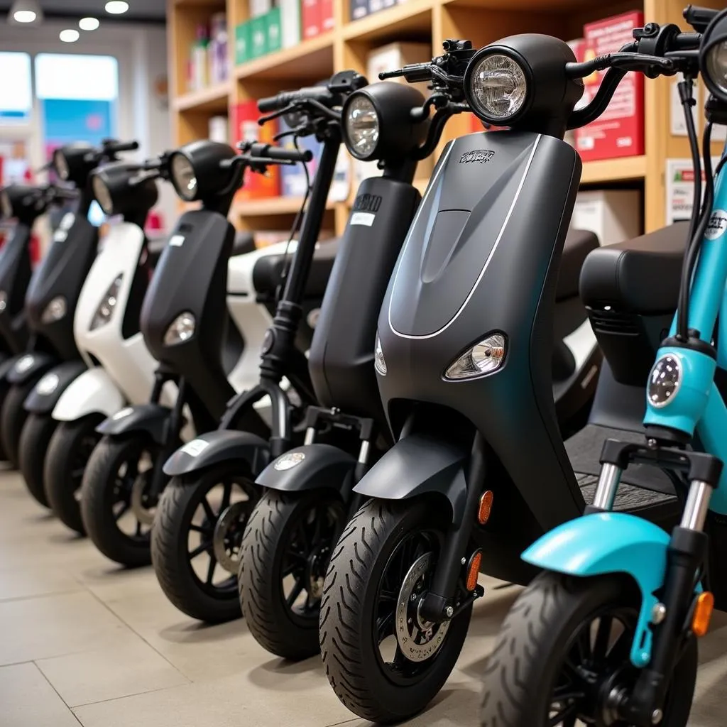 Different types of electric scooters at a store