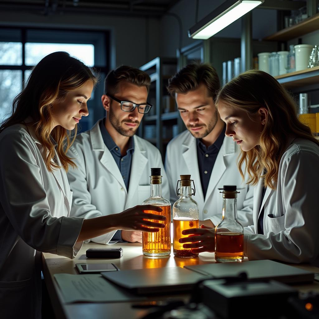 Scientists studying an antique bottle of alcohol