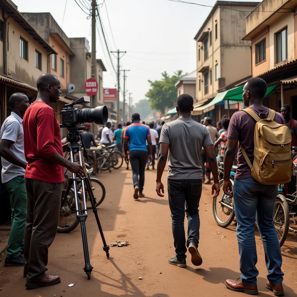 A film crew setting up a shot in a bustling Nigerian city