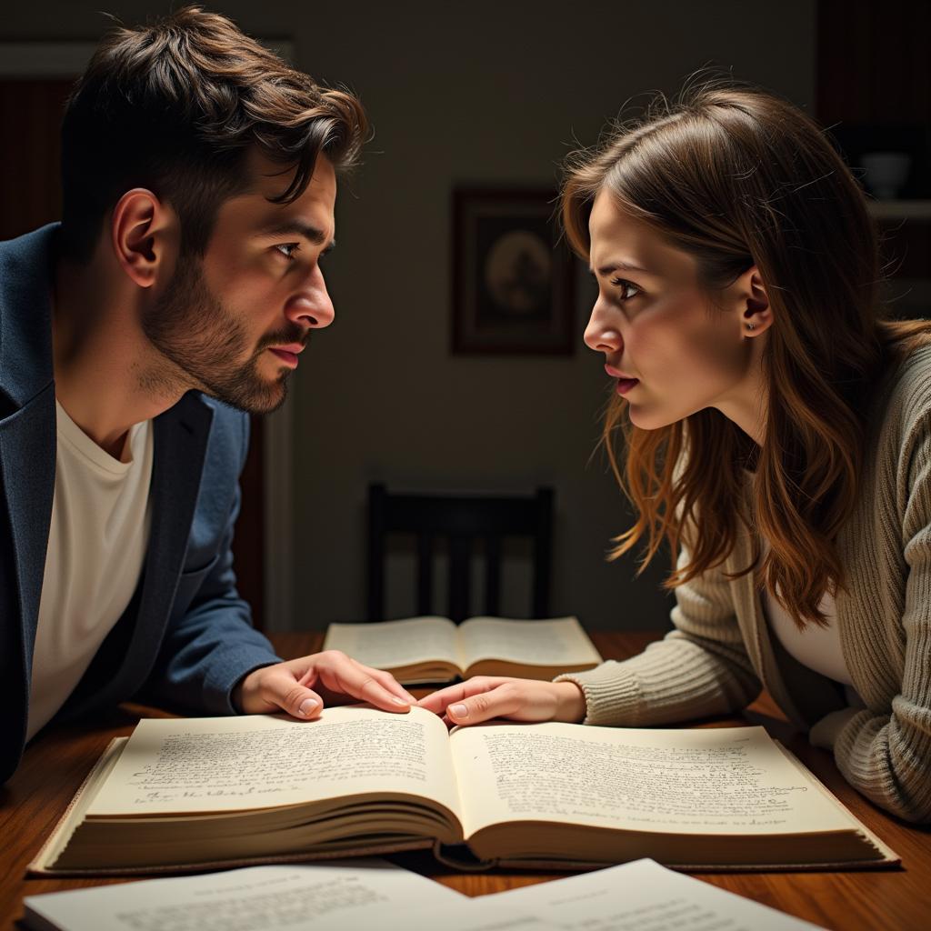 A couple engaged in a heated discussion about a novel