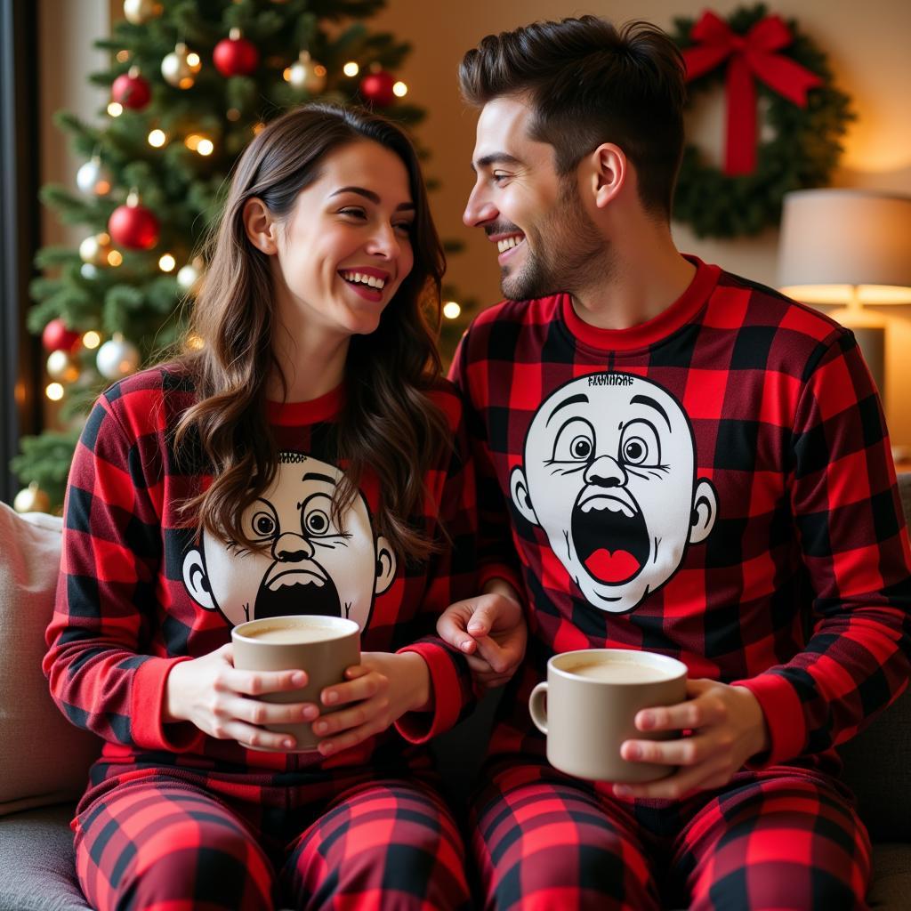 Couple wearing matching Kevin screaming Christmas pajamas