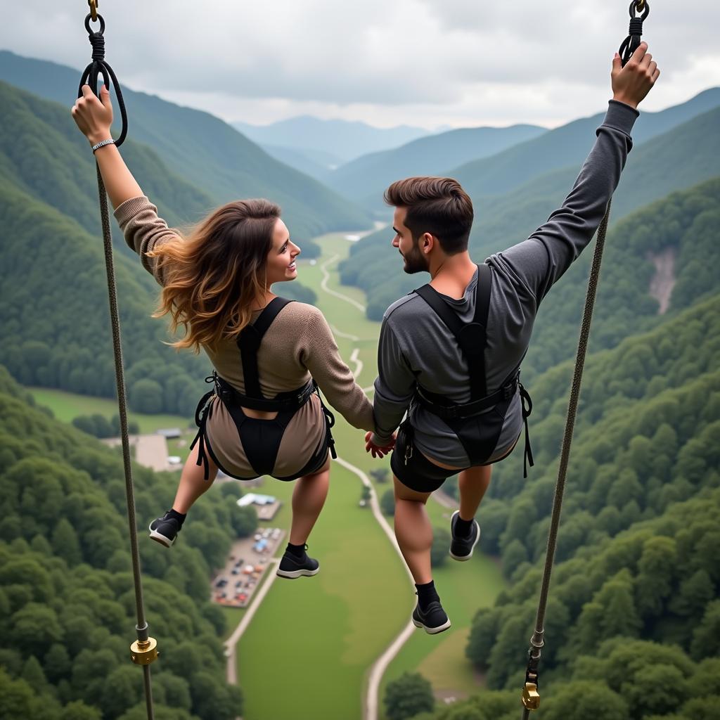 A couple bungee jumping together