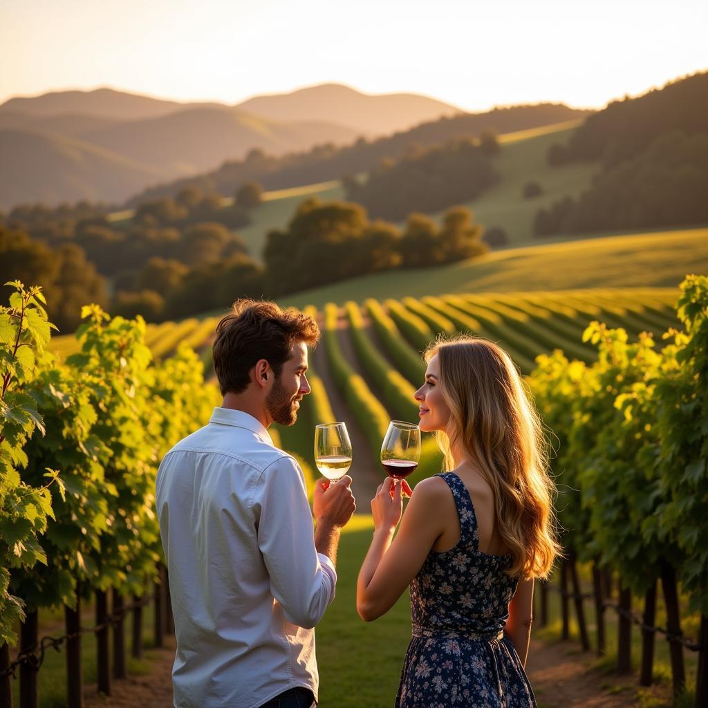 Couple enjoying wine tasting at North Bay vineyard