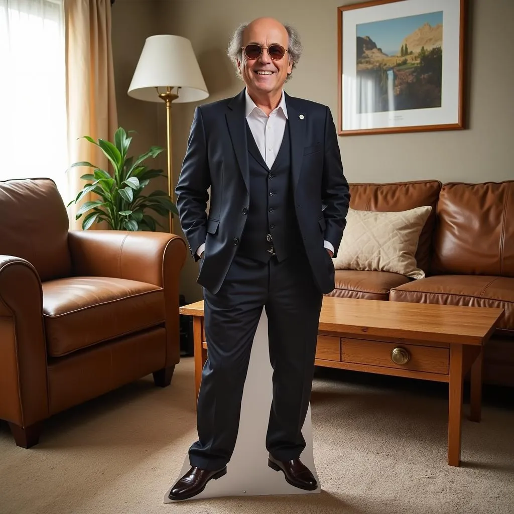 Cardboard cutout Danny Devito placed in a living room