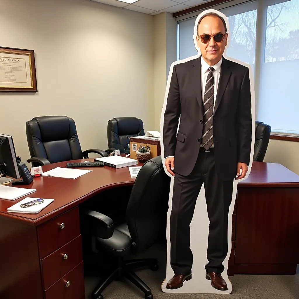 Cardboard cutout Danny Devito in an office