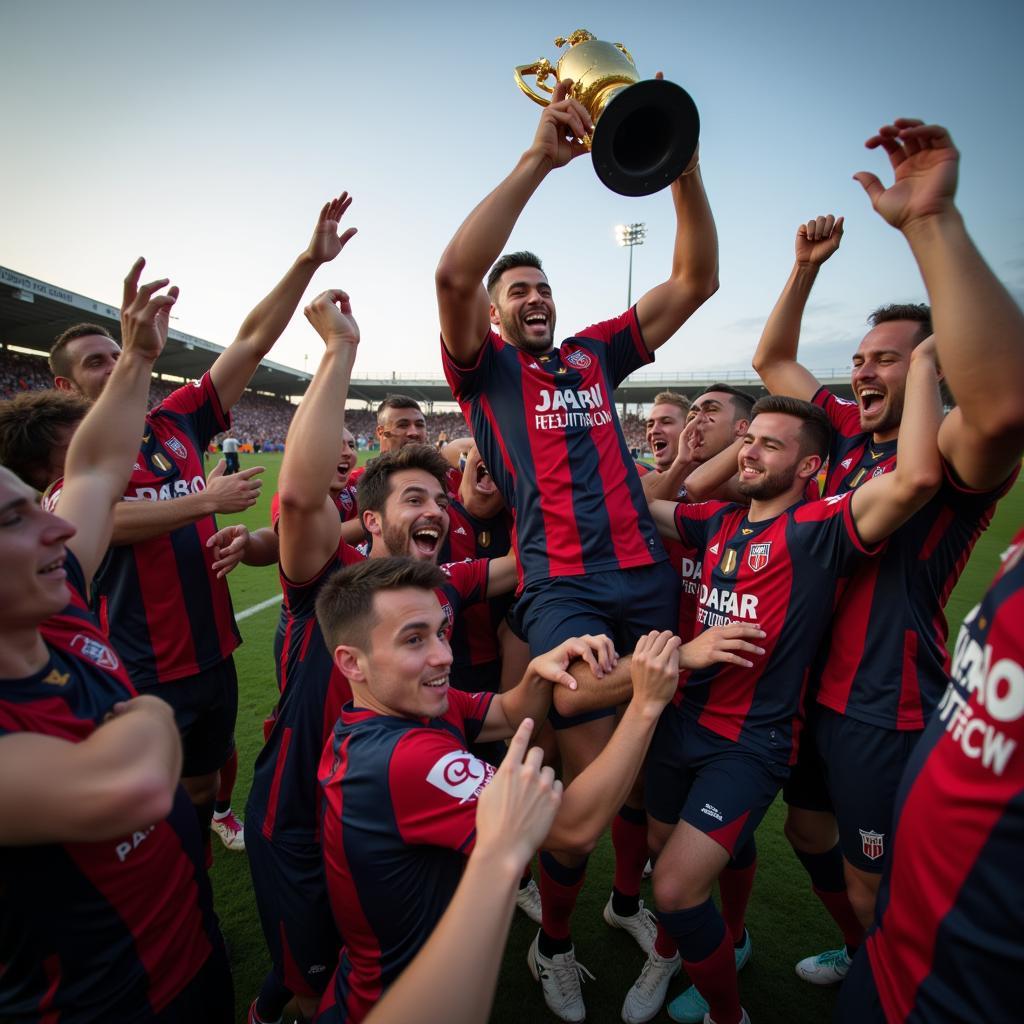  A team celebrates euphorically after winning a major trophy, highlighting the collective joy of victory in football. 