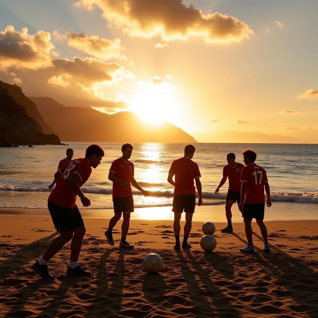 Football Players Training on the Beach