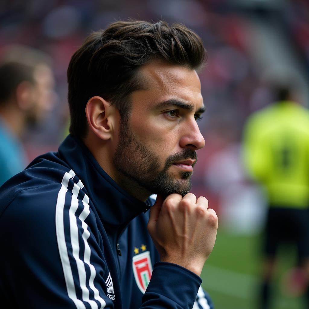 A soccer player sits thoughtfully on the bench, watching his team play.