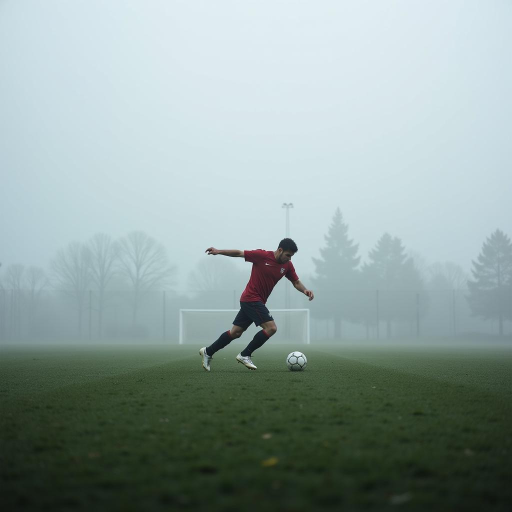 A determined athlete trains intensely alone on a misty training ground.