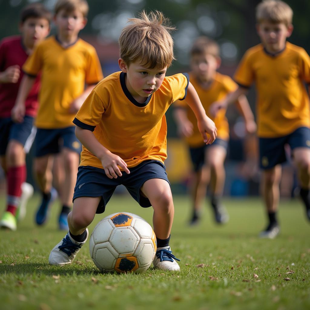 Young football player training