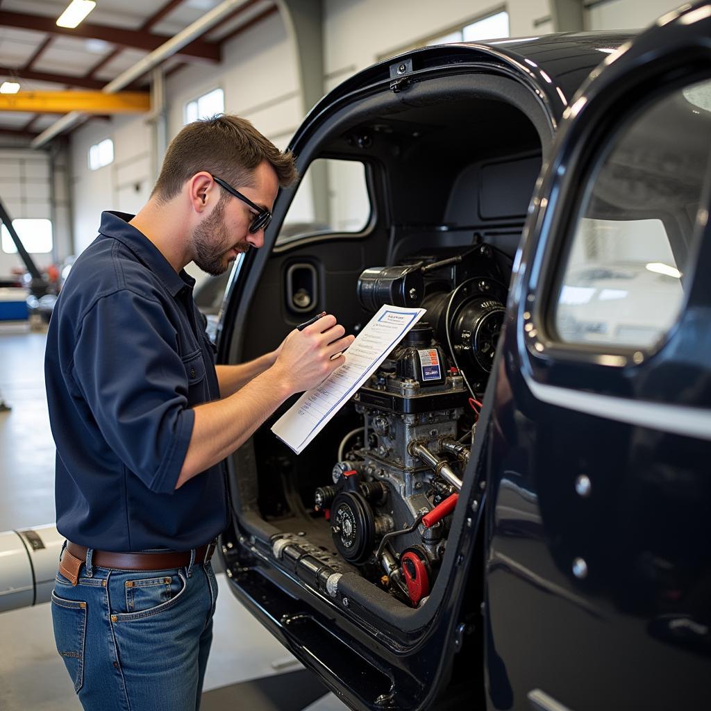 A certified aircraft mechanic inspects the engine of a Cessna 172