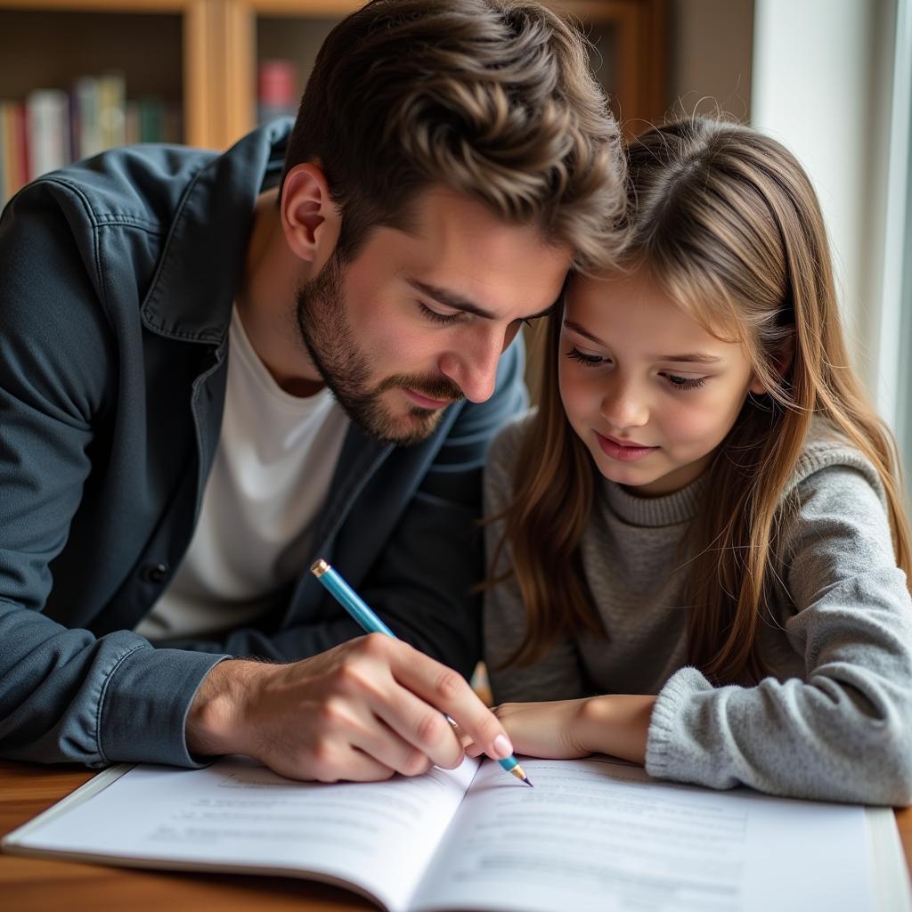 Father helping his daughter with schoolwork