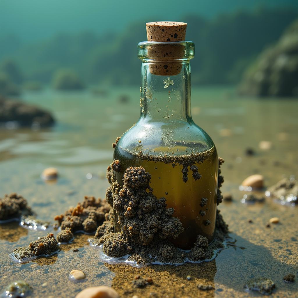 Antique brown bottle lying on the seabed