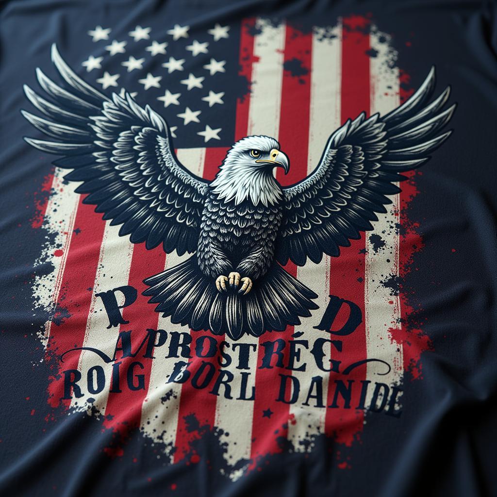 Close-up of design details on a "Proud American" t-shirt