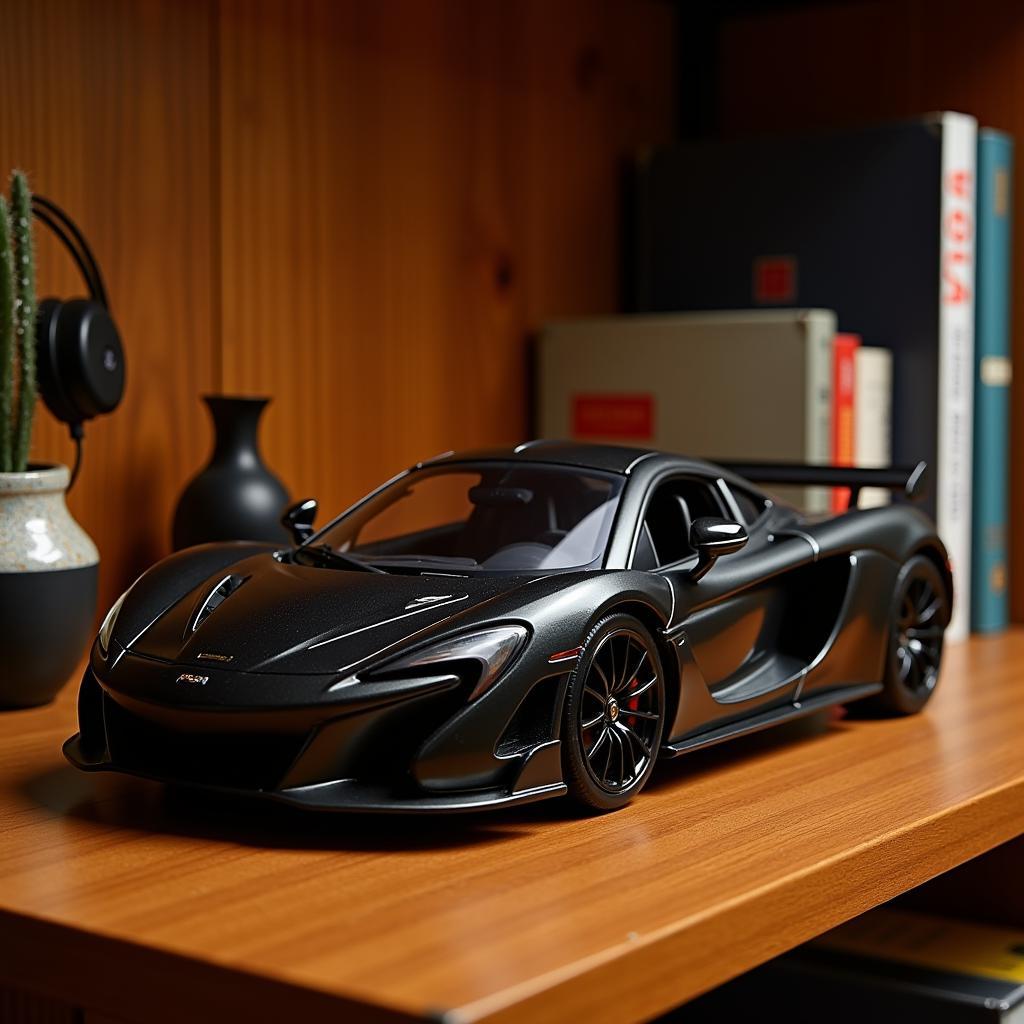 Chiếc mô hình xe 1/18 McLaren P1 được trưng bày trang trọng trên kệ sách