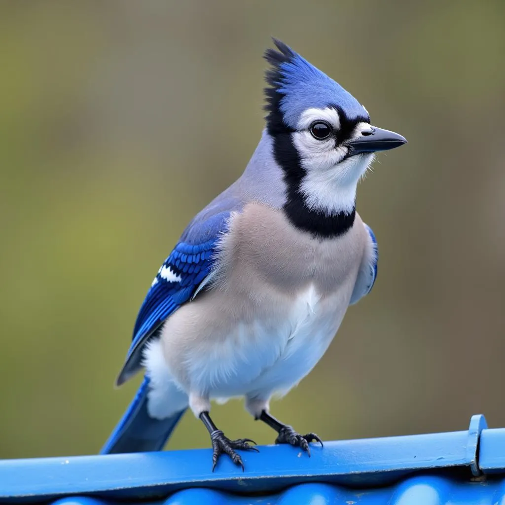 Chim Blue Jay đậu trên mái nhà màu xanh