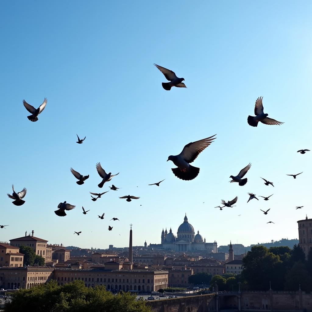 Pigeons in flight over Rome's skyline