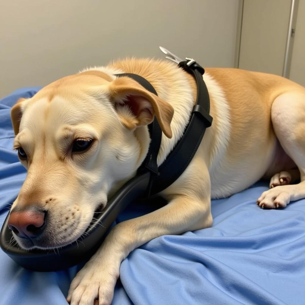 Post-surgery dog with a neck brace