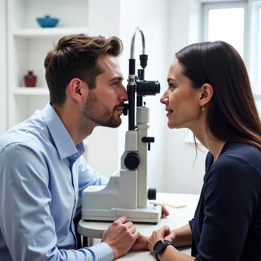 Optometrist examining a patient's eyes