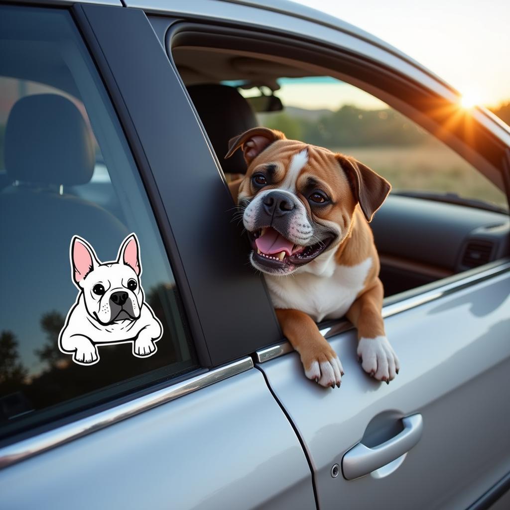 Chú chó Bulldog đang ngó ngoài cửa sổ ô tô