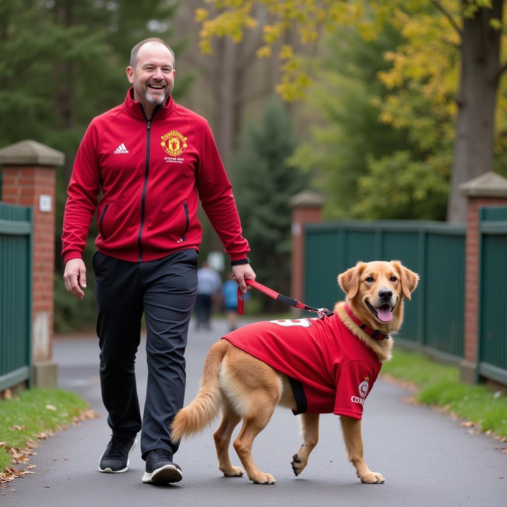 Dog Owner Walking a Dog Wearing a Manchester United Shirt