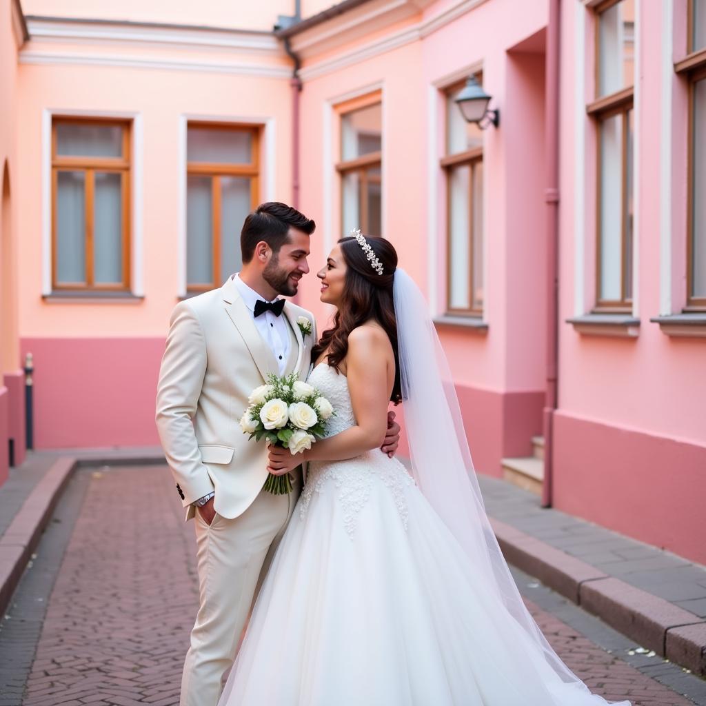 Wedding photoshoot on pink street