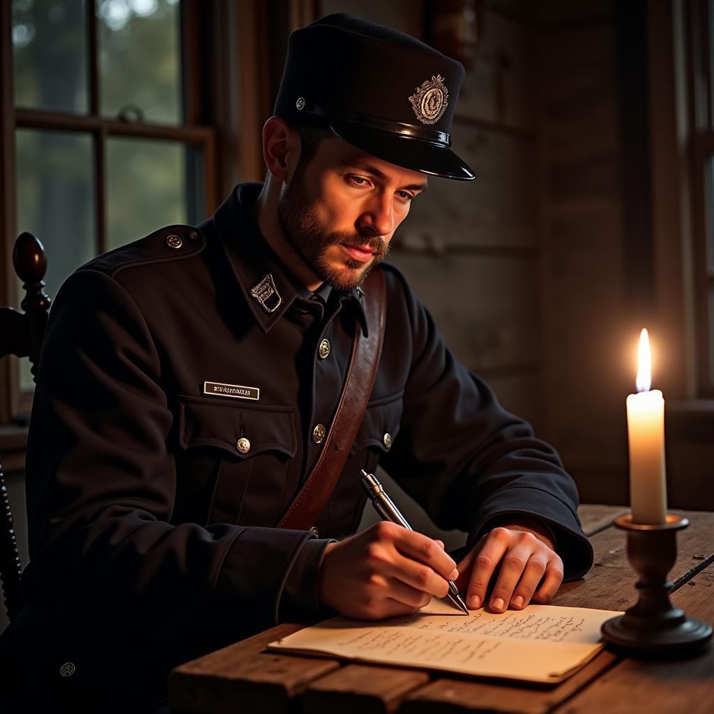 A Civil War soldier diligently writing a letter by candlelight