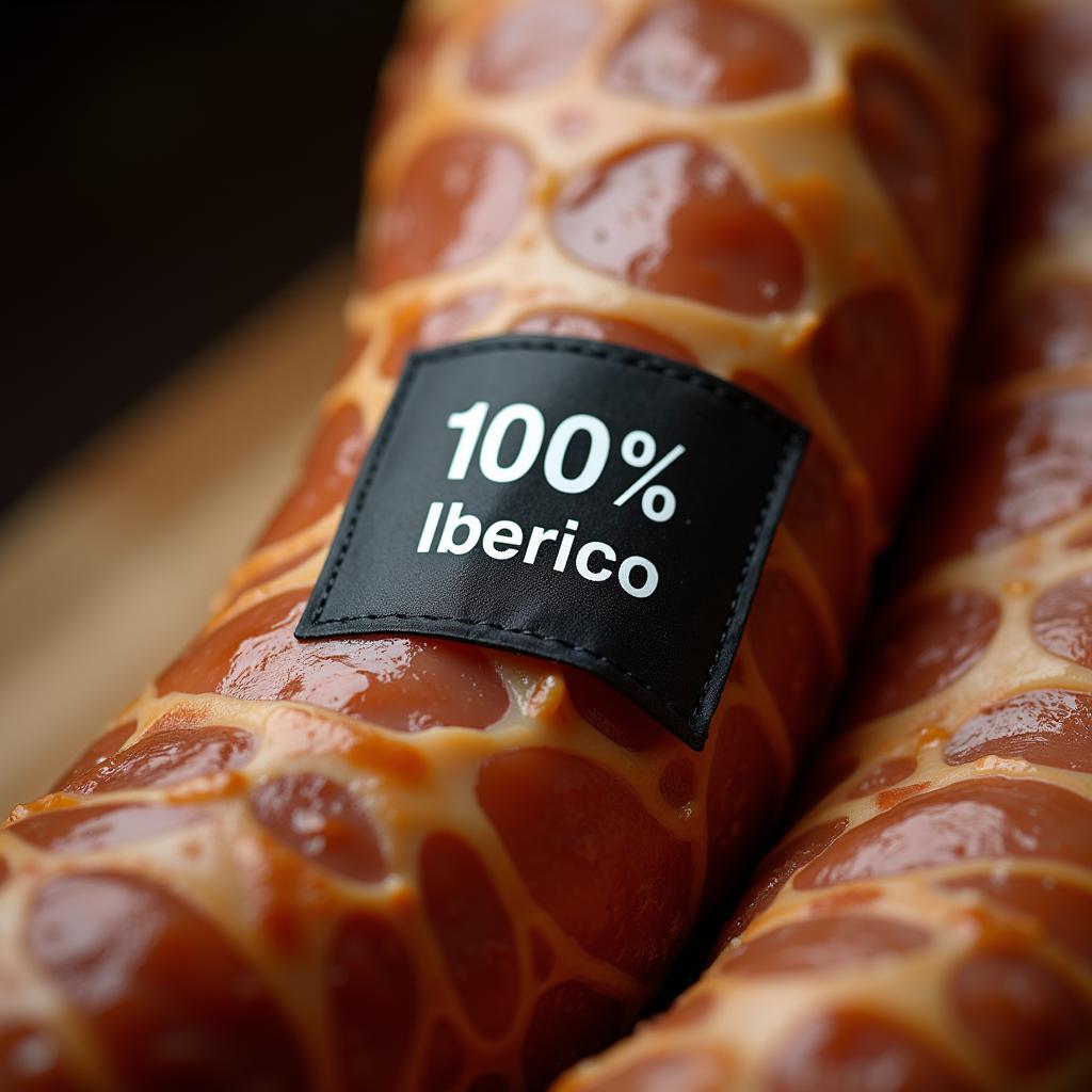 Close-up of the black label on an Iberico ham