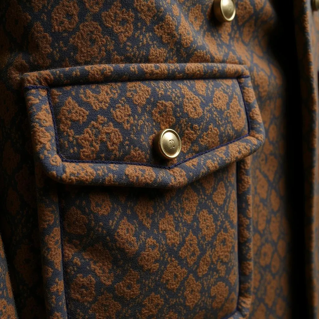 Detailed view of the buttons, pockets, and tweed fabric on the 11th Doctor's jacket.