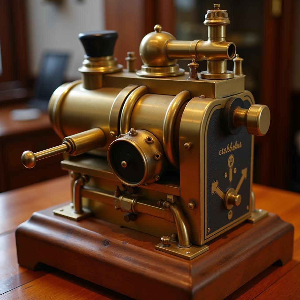 Antique ships telegraph with intricate details, displayed on a wooden stand.