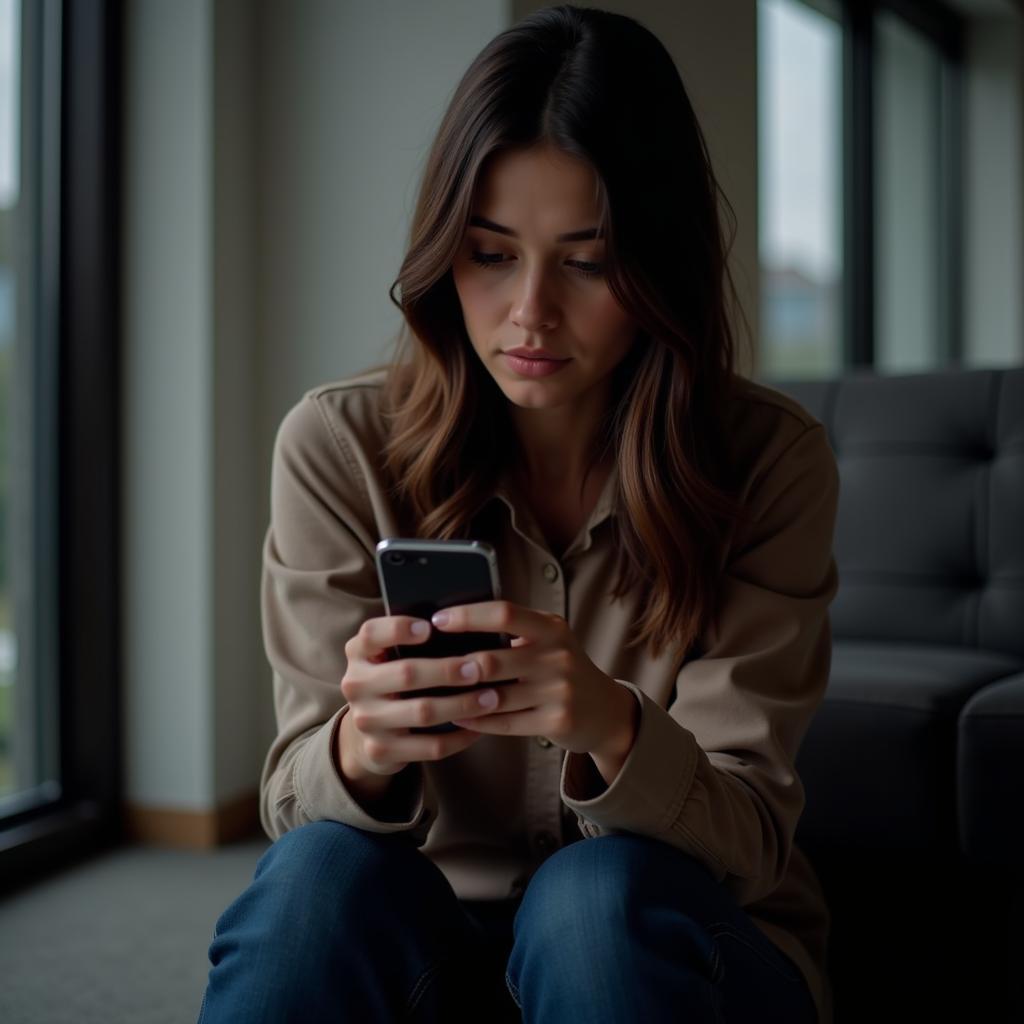 Sad girl checking her phone