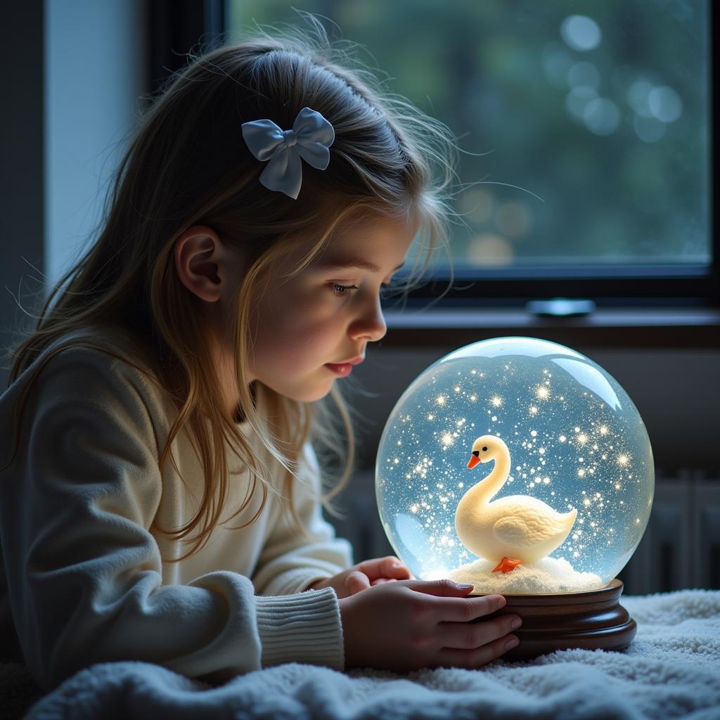 Cô gái đang cầm quan sát quả cầu tuyết swan snow globe