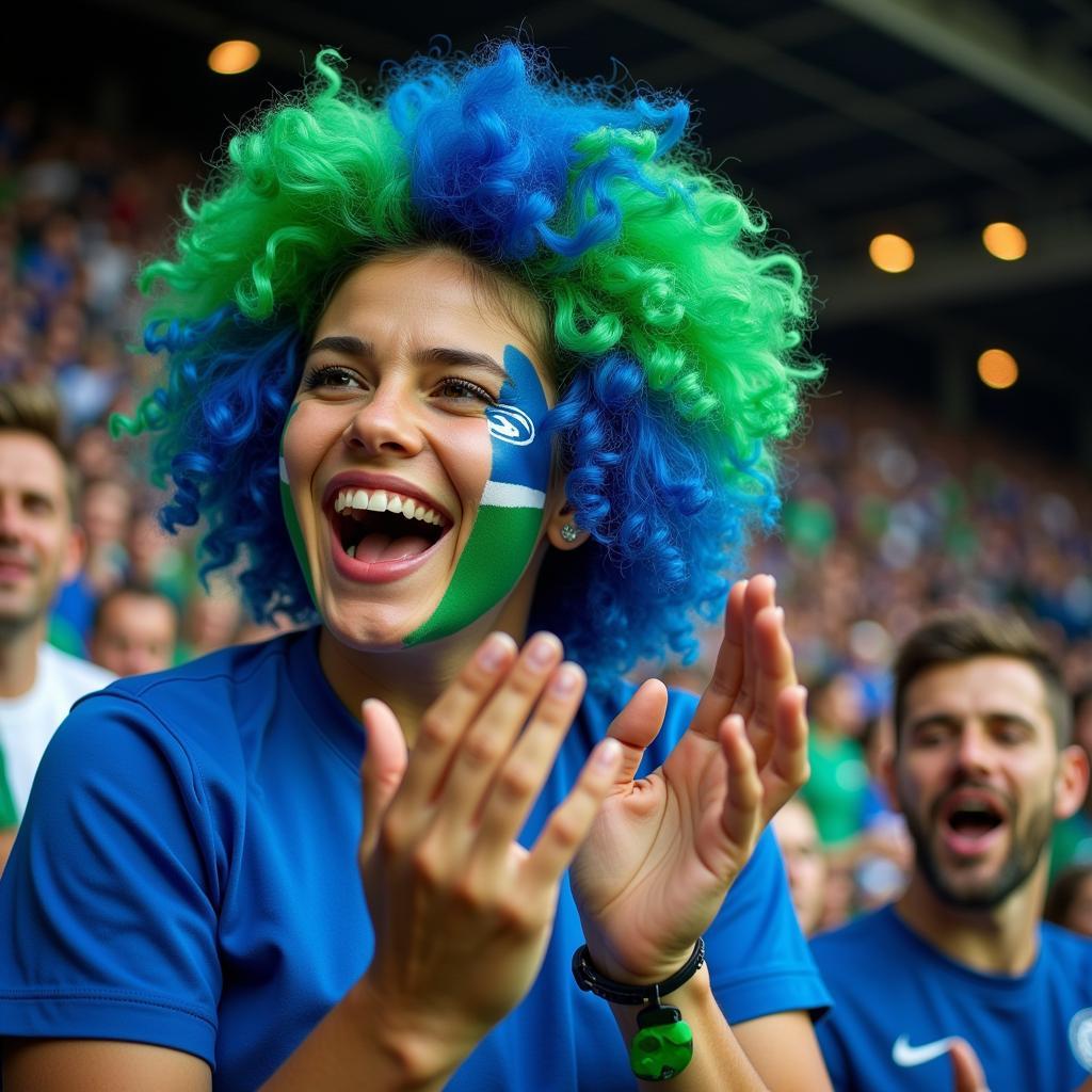 Girl cheering with a blue and green wig