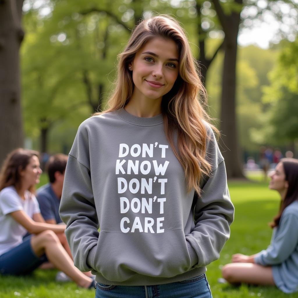 Cô gái mặc áo sweatshirt "Don't Know Don't Care" đi chơi