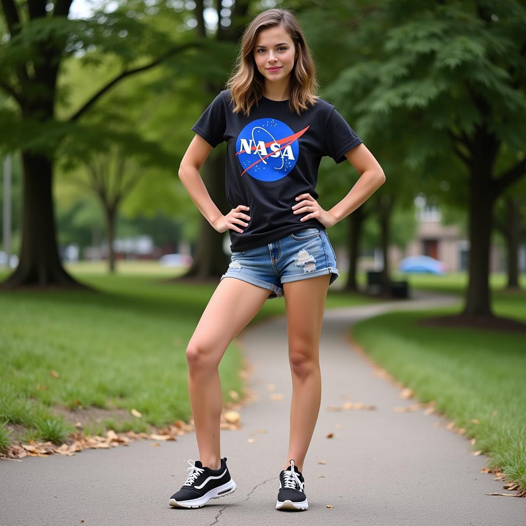 Cô gái năng động với áo thun NASA và quần short