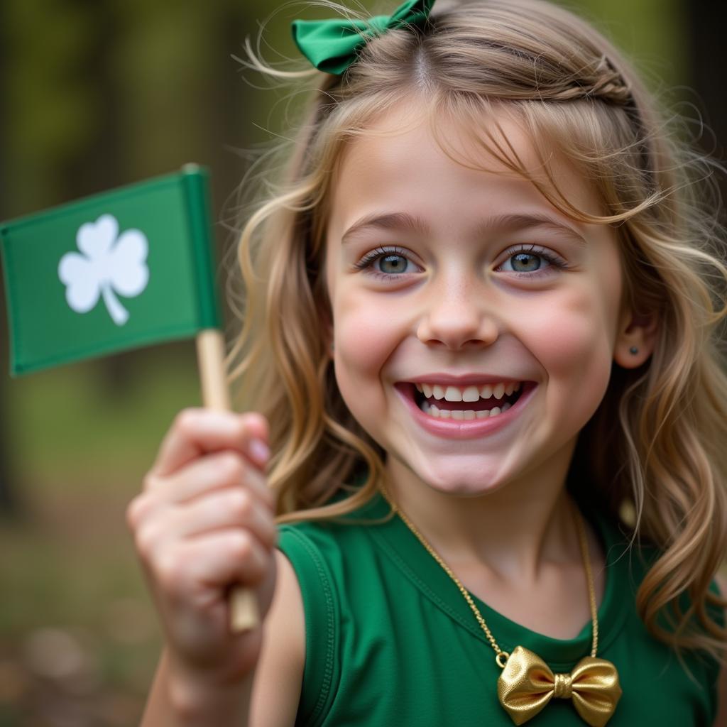 Cô gái nhỏ vẫy lá cờ St Patrick với nụ cười rạng rỡ