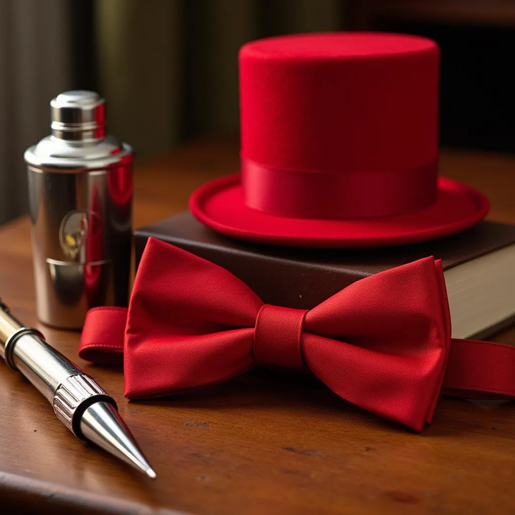 A display of essential accessories to complete the 11th Doctor's look: a bow tie, a fez, and a sonic screwdriver.