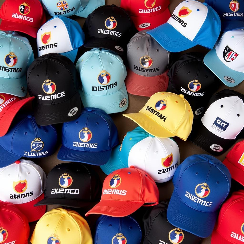 A collection of Tour de France hats with various designs