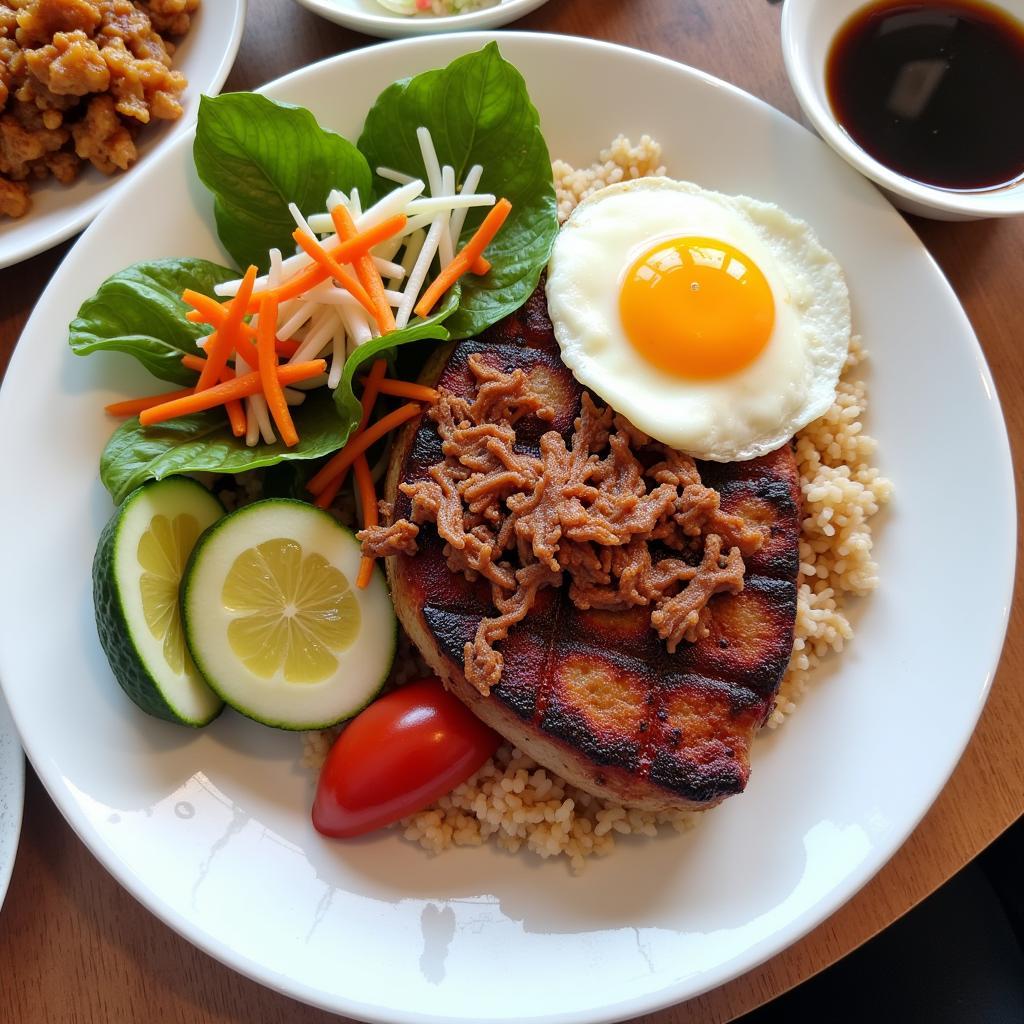 Vietnamese Broken Rice with Grilled Pork Chop, Shredded Pork Skin, and Egg