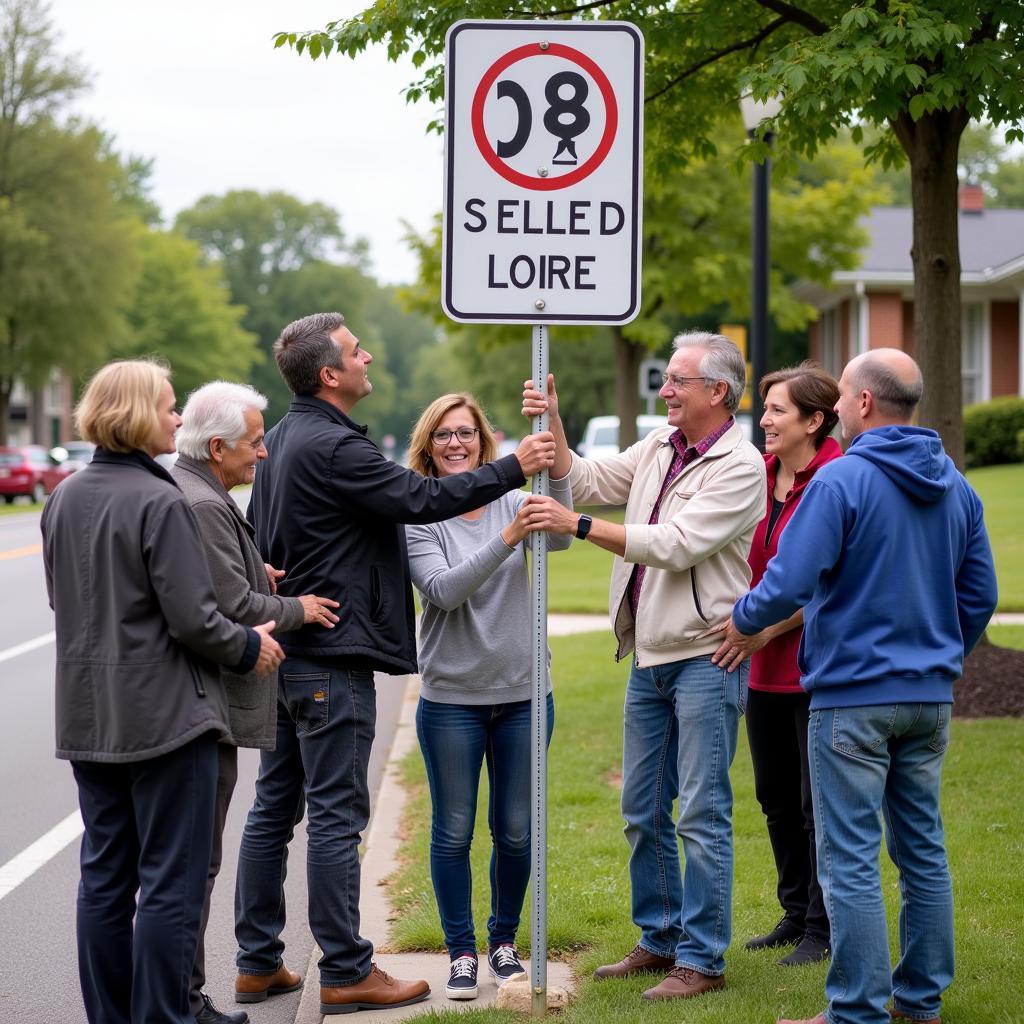 Community members installing a slow speed limit sign