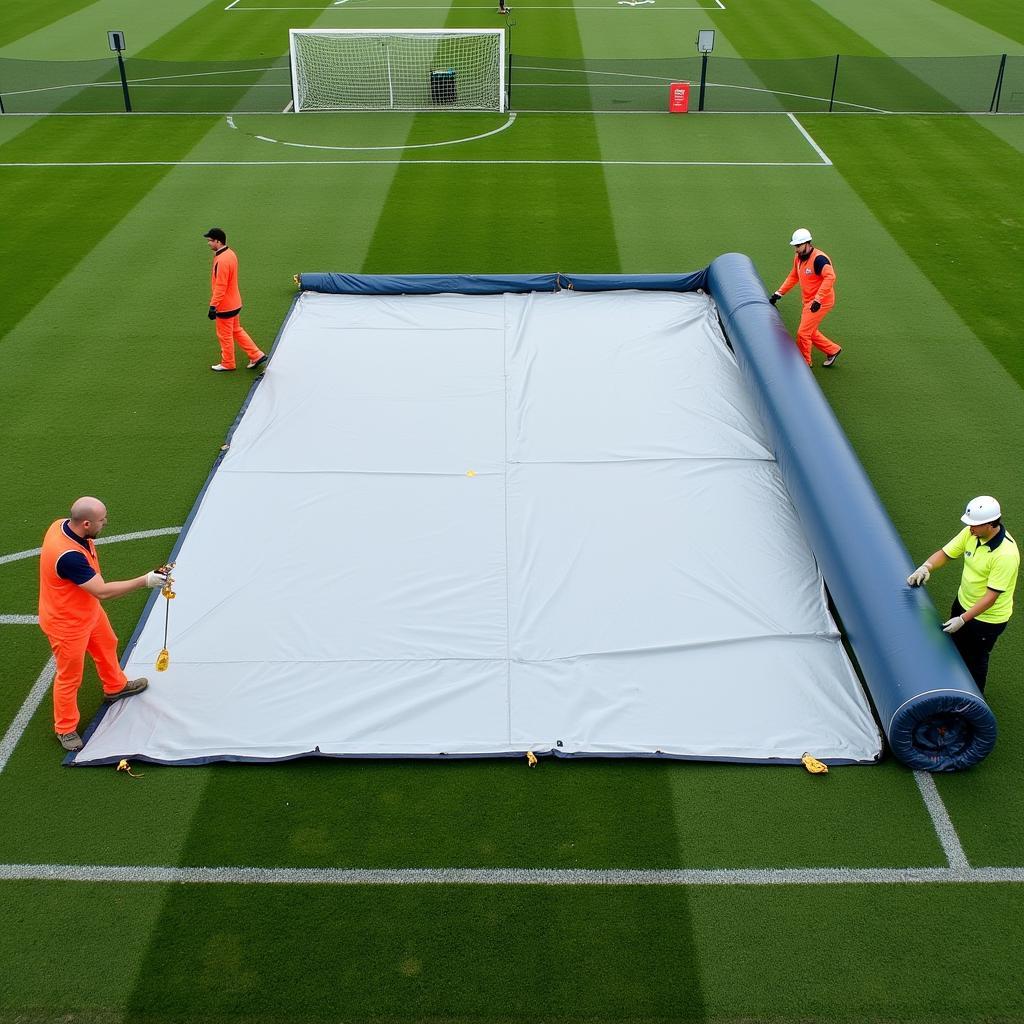 Workers deploying a tarp on a football pitch in Blackpool