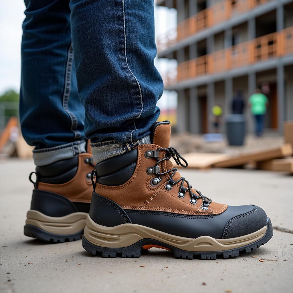 Construction worker wearing safety shoes at a construction site