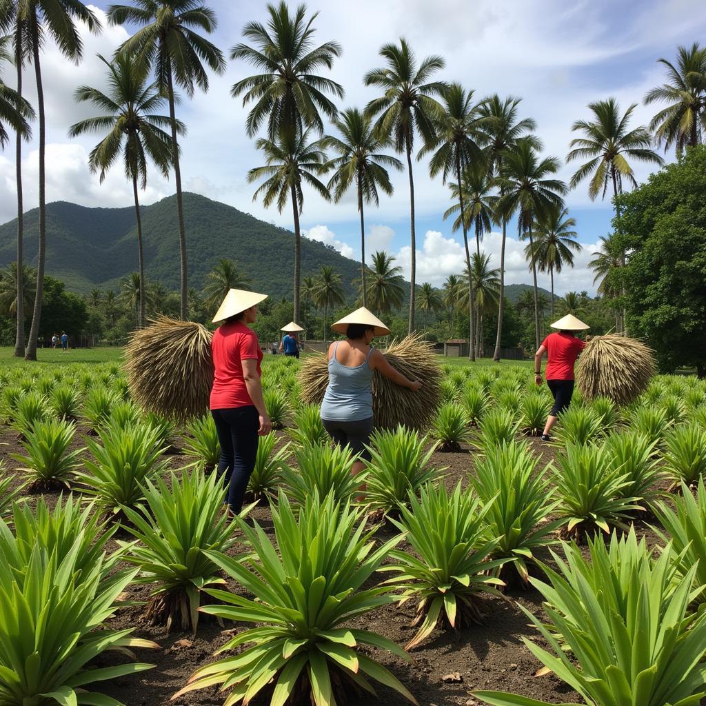 Công nhân đang khai thác lá cọ Toquilla để làm mũ Sombreros Panameños