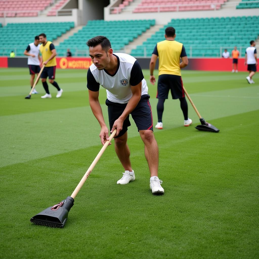 Groundskeepers preparing the pitch