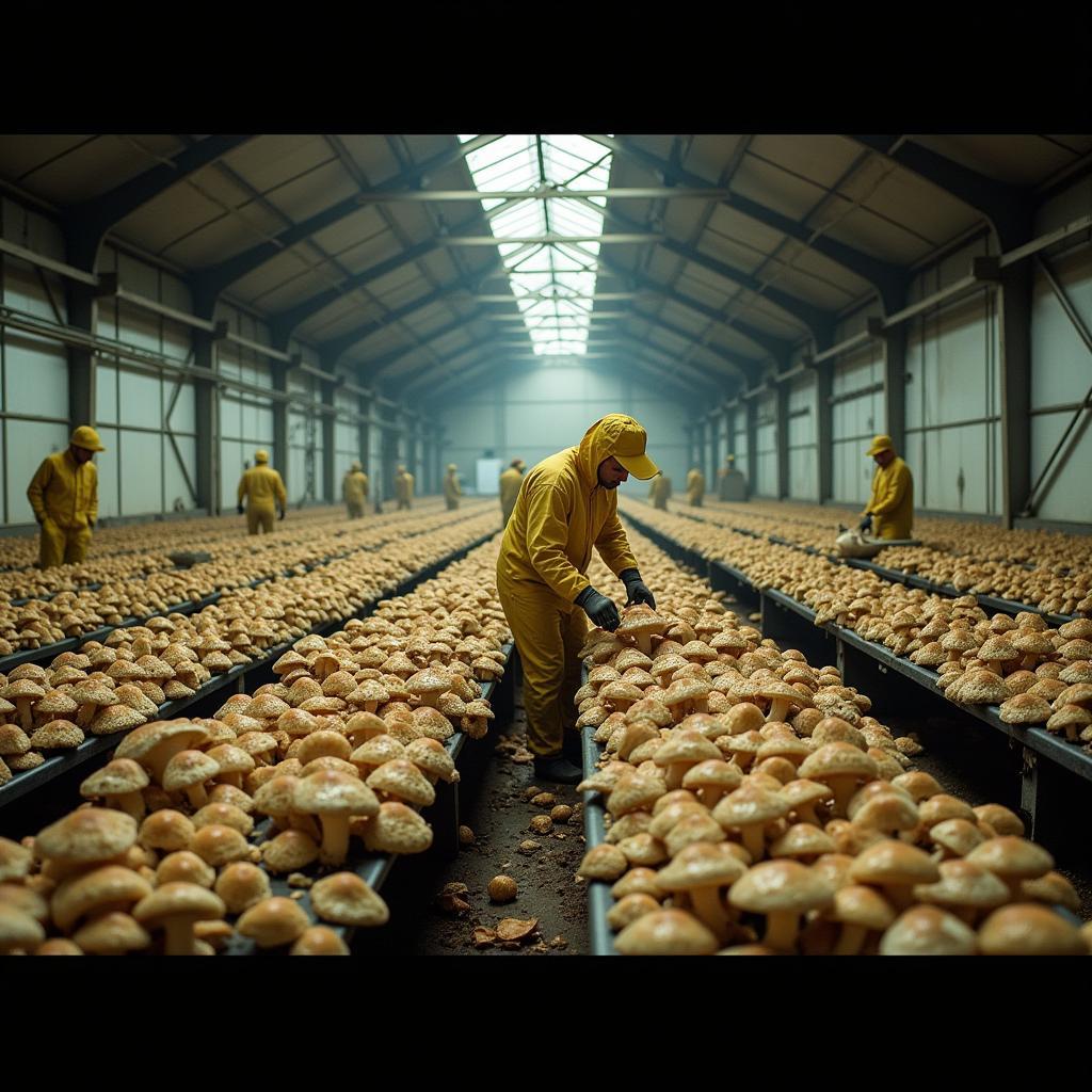 Workers harvesting mushrooms on a mushroom farm