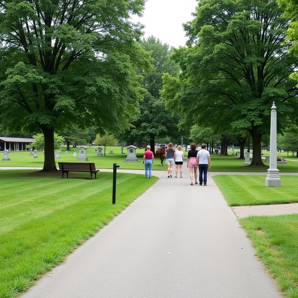 Horse memorial park with visitors paying respects