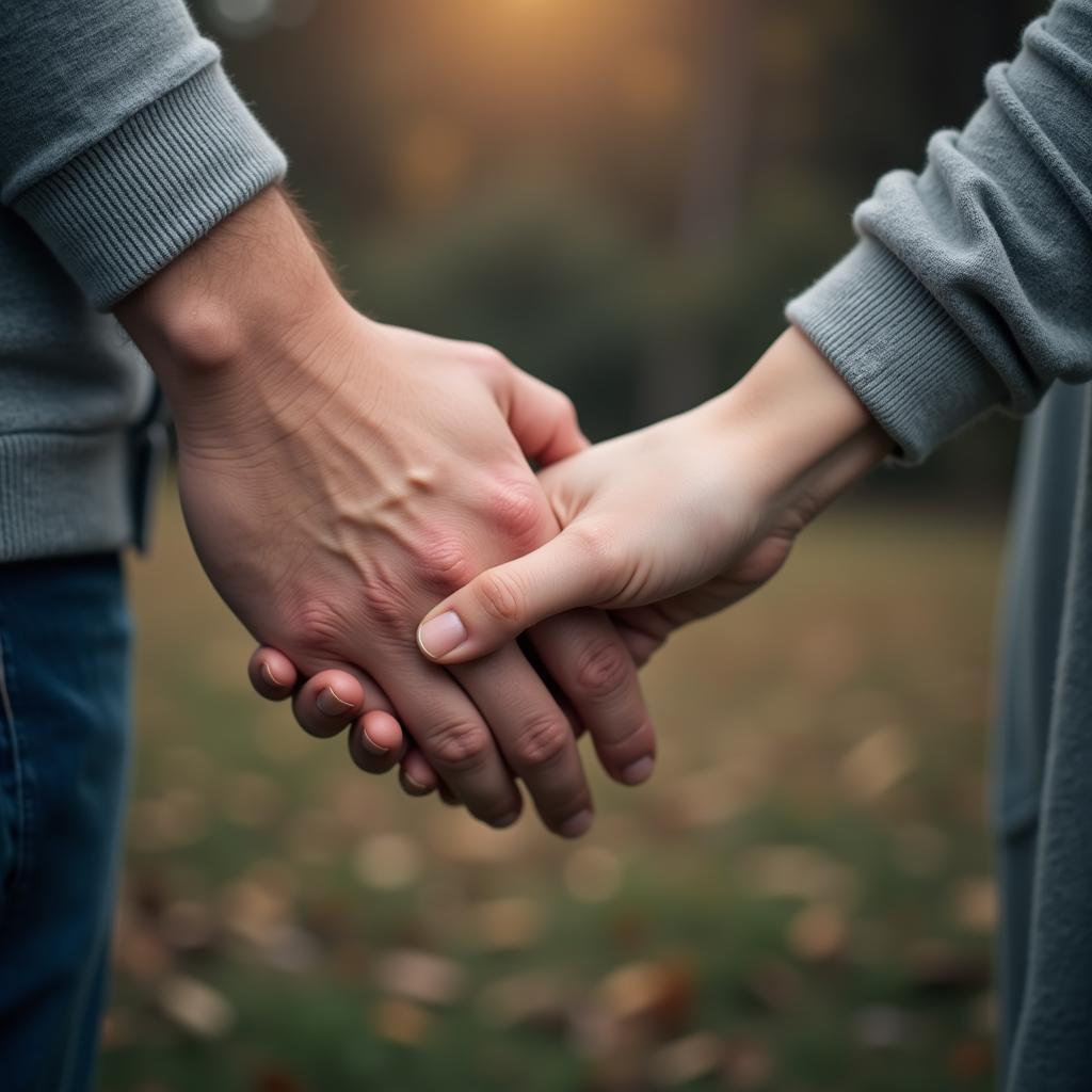 A man and woman holding hands, with the woman's hand gently resting on top, signifying support and trust.