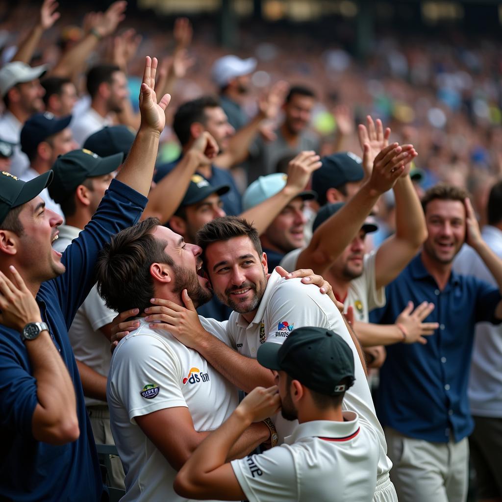 Cricket fans celebrating in the stands