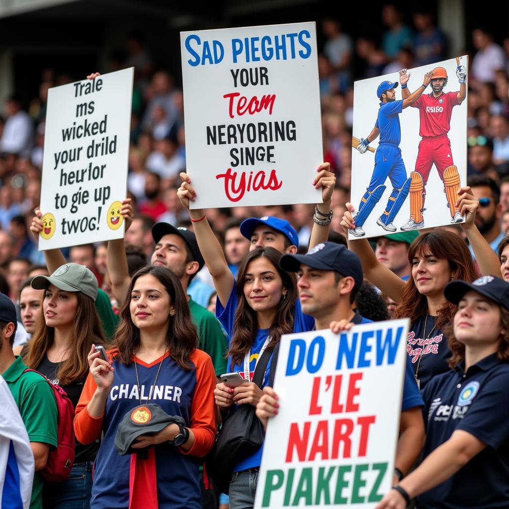 Cricket fans cheering with banners