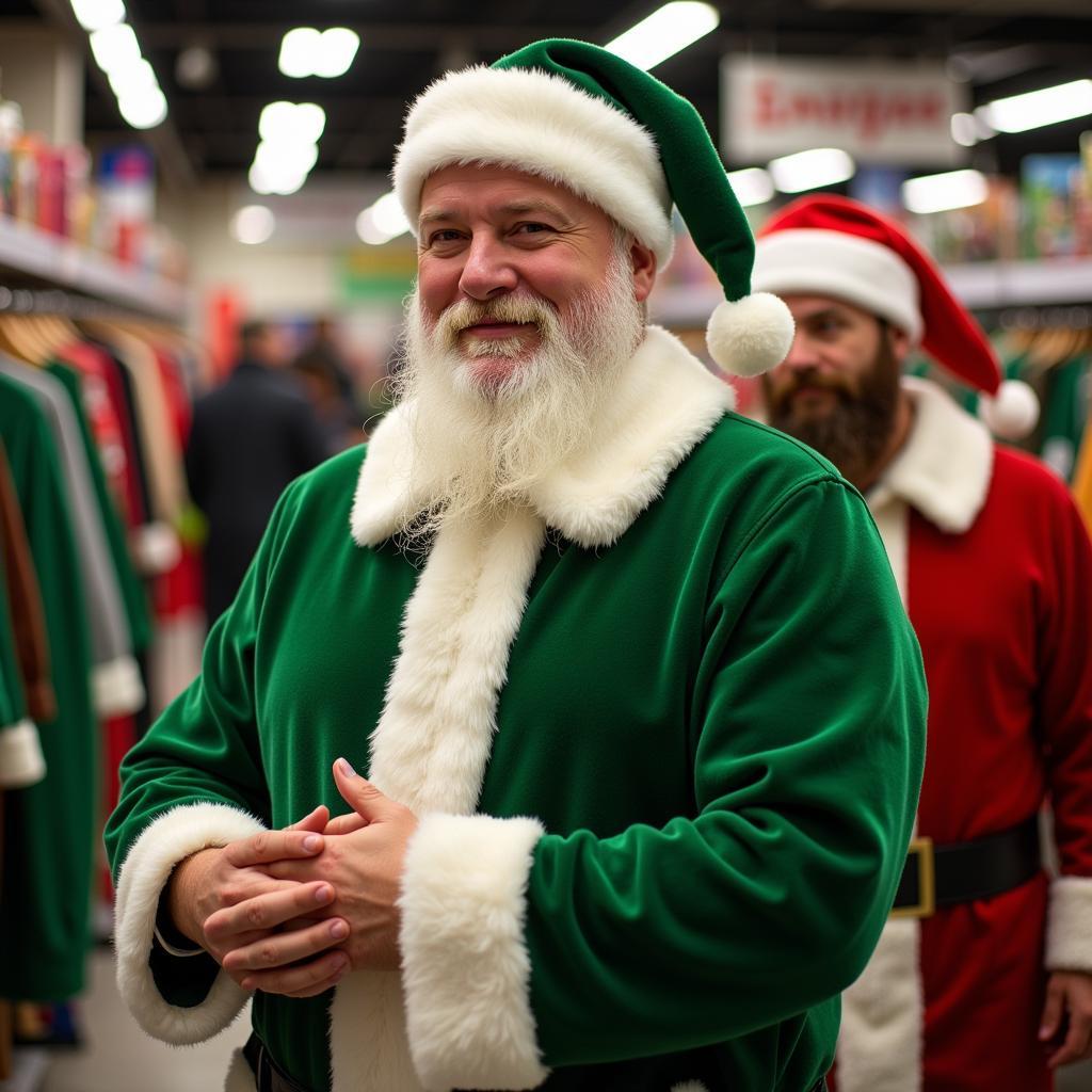 A store selling green Father Christmas costumes